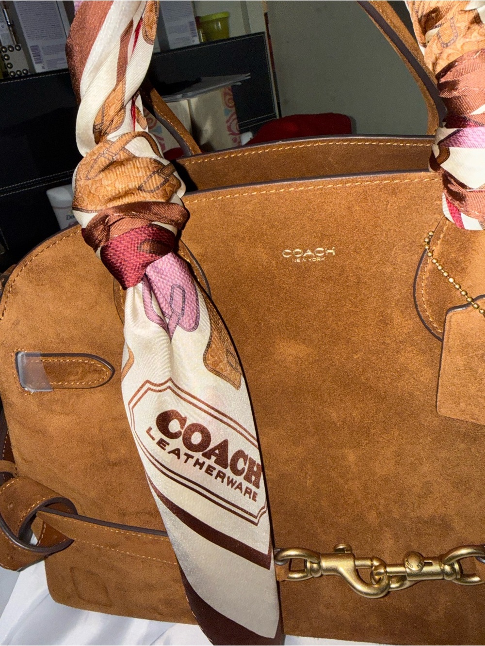NWT Coach Suede Satchel in Chestnut with Silk-Scarf Wrapped Handles - Picture 3 of 10